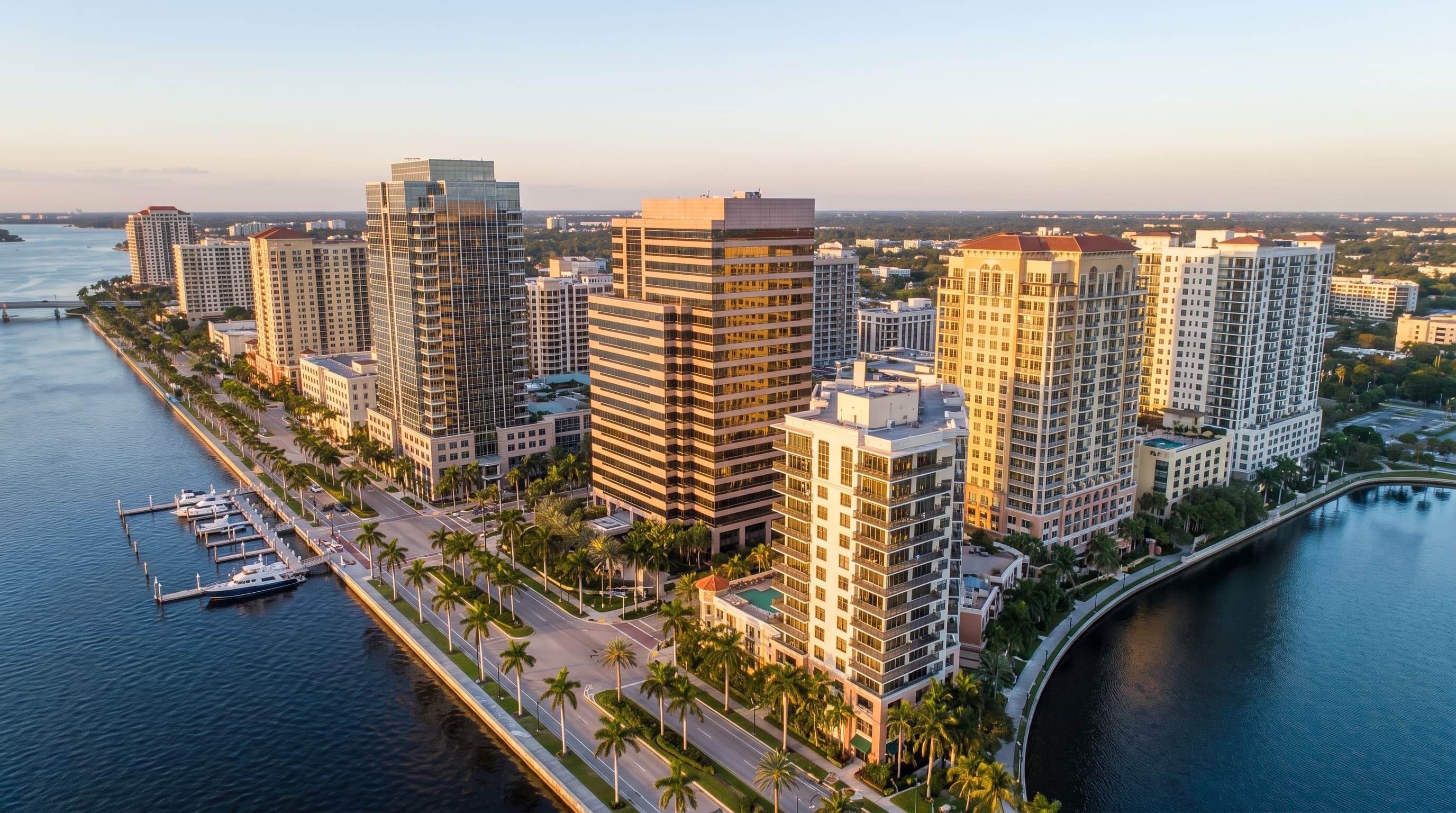 West Palm Beach waterfront skyline along Flagler Drive at golden hour